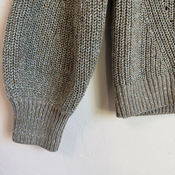 H&M Green & Metallic Gold Tight Knit Balloon Sleeve Sweater Small Cozy Fall - Picture 2 of 12